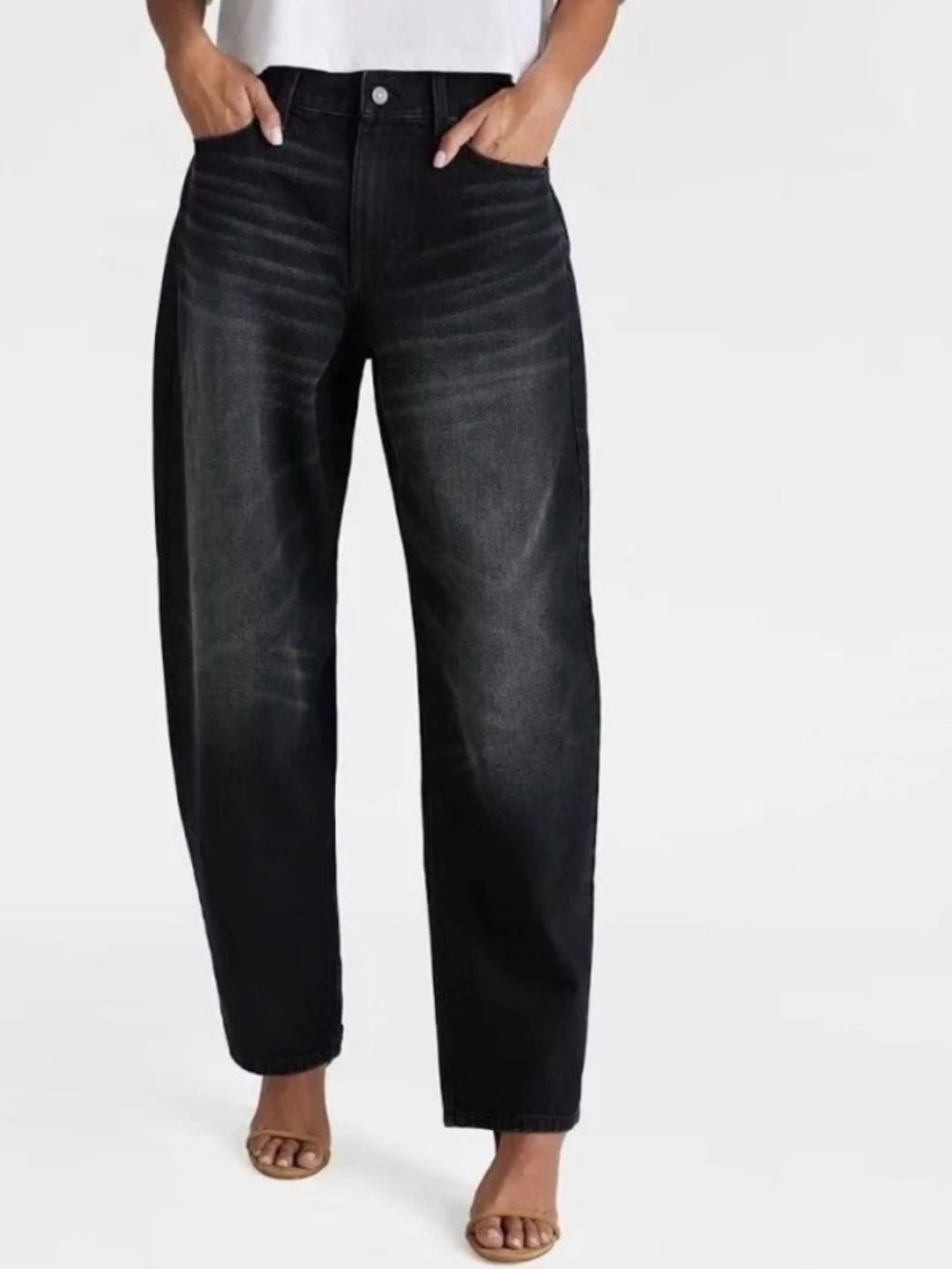 KBB by Kahlana Mid Rise Barrel Leg Black Wash Jeans